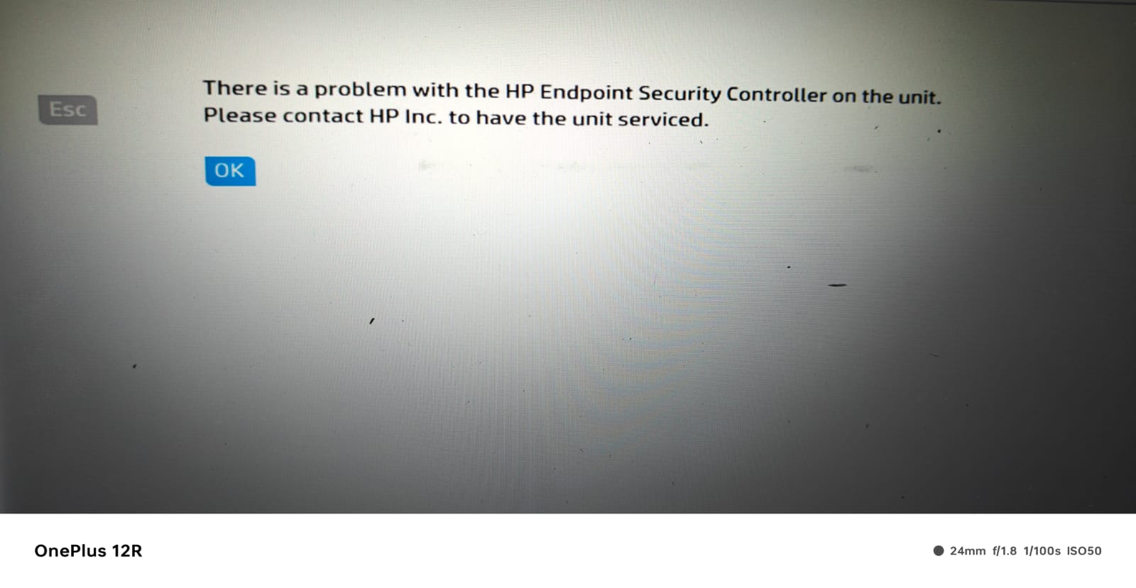 There is a problem with the Endpoint Security Controller on this device. Please ask HP for ma...jpeg